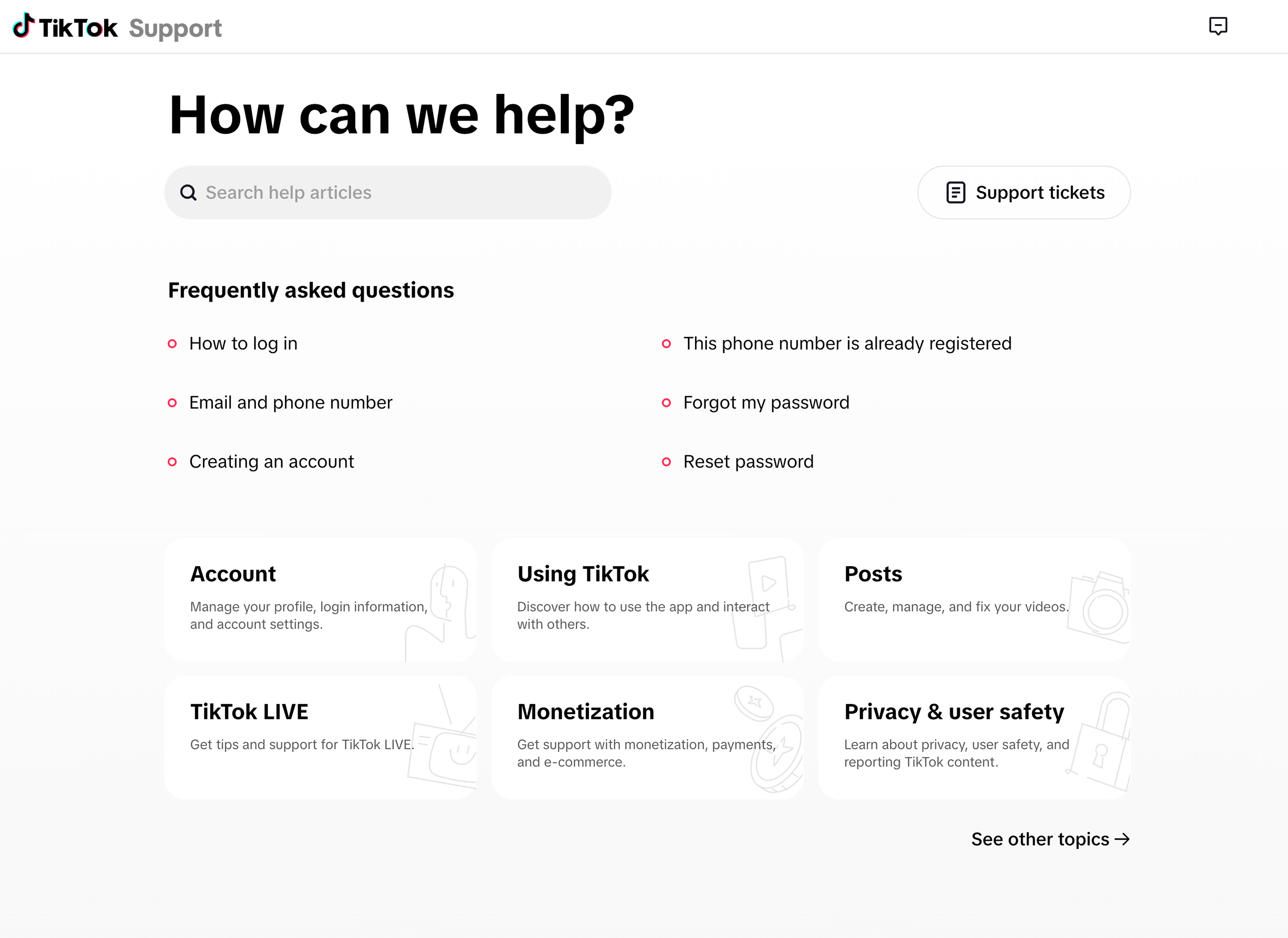 TikTok Support 帮助中心界面